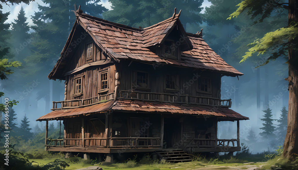A dilapidated wooden house against a backdrop of thick forest A dilapidated wooden house against a backdrop of thick forest