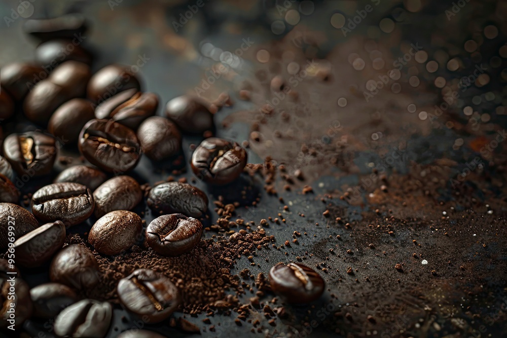 Brown Roasted Coffee Beans Closeup On Dark Background with generative ai Brown Roasted Coffee Beans Closeup On Dark Background with generative ai