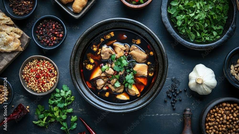 Top-down view of traditional Chinese black chicken soup in a deep ceramic bowl, surrounded by herbal ingredients. A famous dish in Asian culture for boosting health. Top-down view of traditional Chinese black chicken soup in a deep ceramic bowl, surrounded by herbal ingredients. A famous dish in Asian culture for boosting health.
