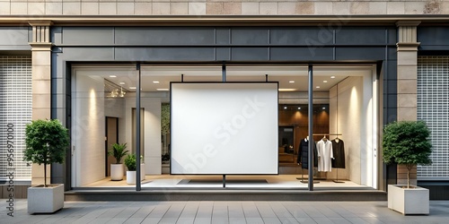 Modern storefront mockup with blank sign for your design.