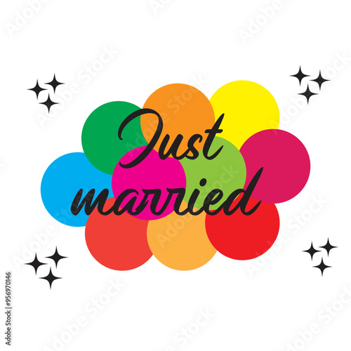 Just Married hand lettering phrase. Vector brush calligraphy text design isolated on white background. Just married vector lettering phrase with pink color heart hand drawn inscription. Vector 