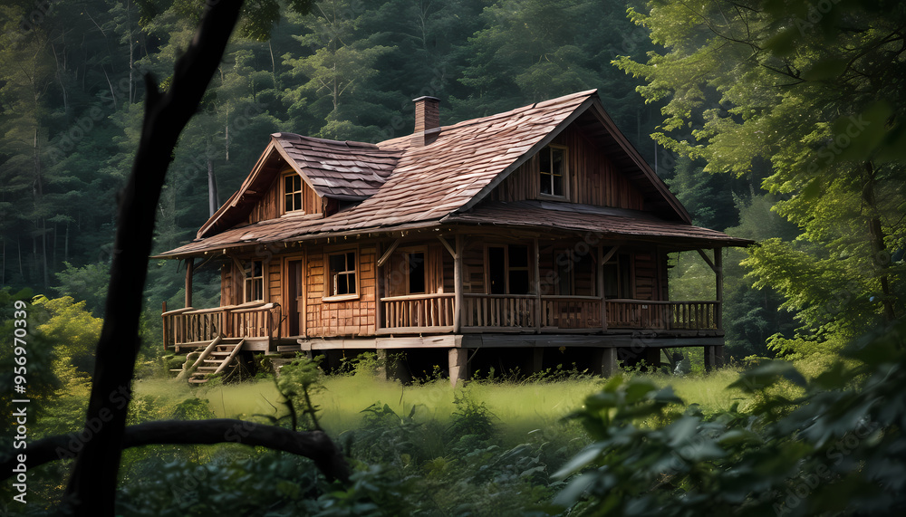 A dilapidated wooden house against a backdrop of thick forest A dilapidated wooden house against a backdrop of thick forest