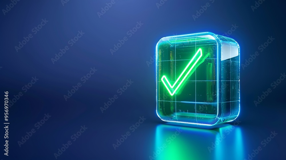 Glowing green check mark inside a transparent 3D cube on a dark blue background, symbolizing approval and validation. Glowing green check mark inside a transparent 3D cube on a dark blue background, symbolizing approval and validation.