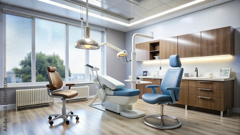 A modern dental treatment room features a sleek chair, overhead lamp, and various instruments, including a drill, mirror, and suction device, on a nearby tray. A modern dental treatment room features a sleek chair, overhead lamp, and various instruments, including a drill, mirror, and suction device, on a nearby tray.
