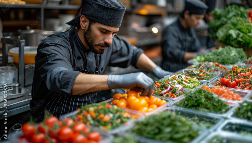Male chef in black clothes plating vegetarian food in plate while working in light kitchen. World Vegetarian Day. Male chef in black clothes plating vegetarian food in plate while working in light kitchen. World Vegetarian Day.