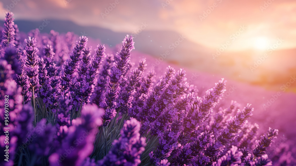 Fototapeta premium A close-up of a lavender field swaying gently in the wind, with soft purple hues blending into the horizon, isolated on a pastel lavender background,