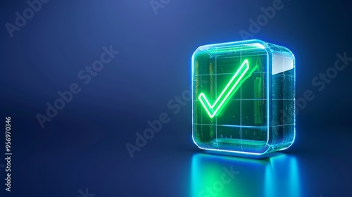 Glowing green check mark inside a transparent 3D cube on a dark blue background, symbolizing approval and validation.