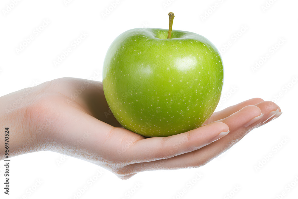 Female hand holding green apple isolated on white background
Female hand holding green apple isolated on white background