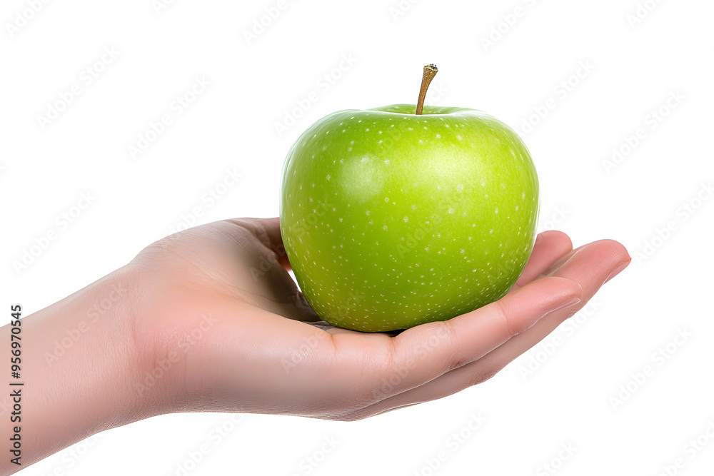 Female hand holding green apple isolated on white background
Female hand holding green apple isolated on white background