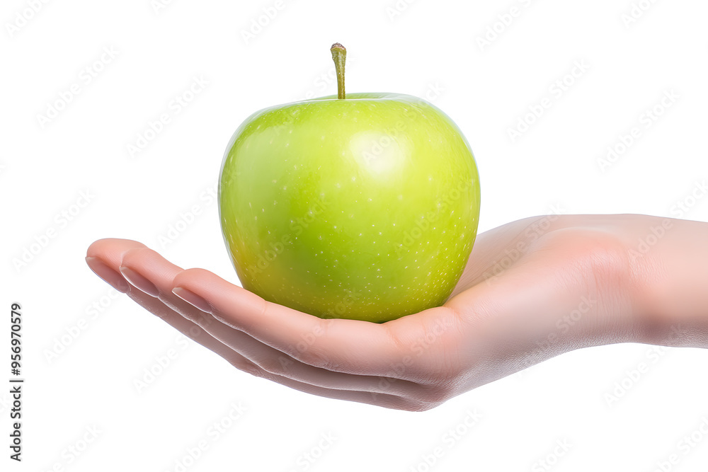 Female hand holding green apple isolated on white background
Female hand holding green apple isolated on white background