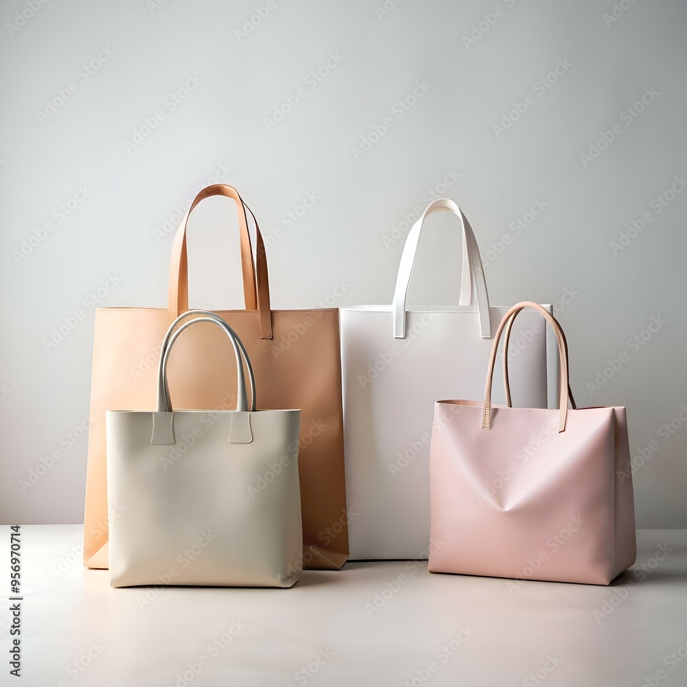Four stylish tote bags in a minimalist setting. perfect for showcasing fashion. retail. or lifestyle brands. Four stylish tote bags in a minimalist setting. perfect for showcasing fashion. retail. or lifestyle brands.