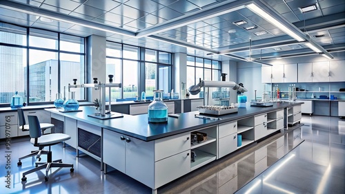 A modern laboratory setup with various equipment and tools, emphasizing hands-on training and research in a futuristic scientific environment with sleek glass and metal surfaces.