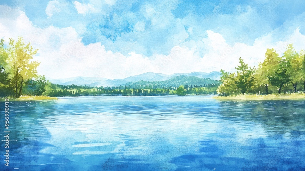 Scenic Water Landscape with Lush Greenery and Majestic Mountains under a Blue Sky Scenic Water Landscape with Lush Greenery and Majestic Mountains under a Blue Sky