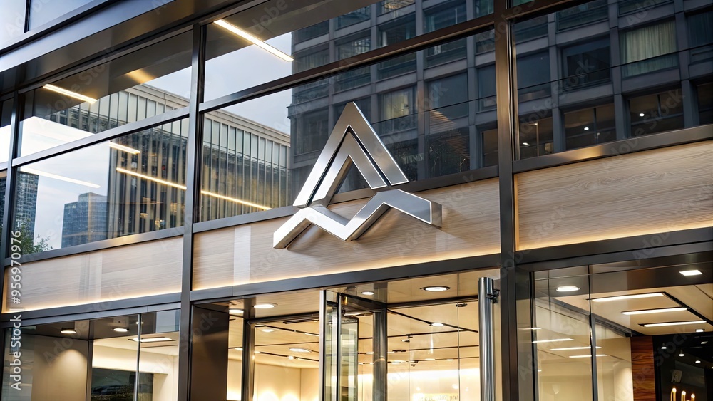 Fototapeta premium A modern retail storefront with a sleek, silver logo featuring a stylized letter 