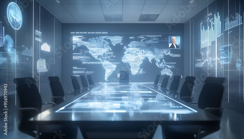 Futuristic Boardroom with Holographic Displays Showing International Business Statistics in a Virtual Meeting