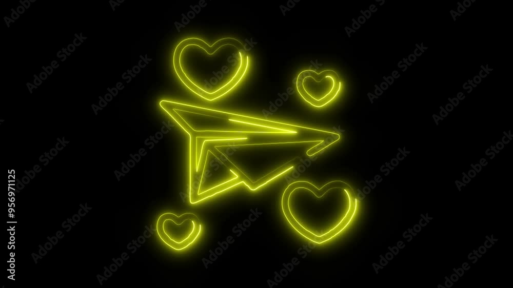 Neon Love Message Video HD - Glowing Paper Plane with Hearts Icon on Black Background Representing Romance, Affection, and Modern High-Tech Expression of Love Communication Neon Love Message Video HD - Glowing Paper Plane with Hearts Icon on Black Background Representing Romance, Affection, and Modern High-Tech Expression of Love Communication