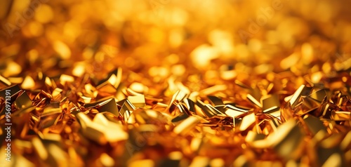 Close-up of shimmering gold fragments, capturing the allure and luxury of precious metal in a vibrant and captivating display.