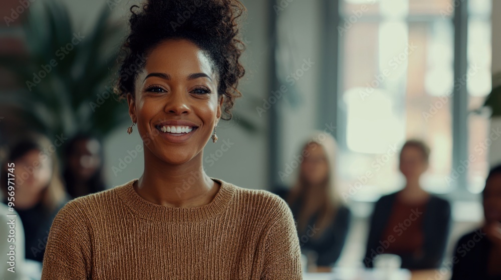 A woman standing in front of a group, smiling warmly as she introduces herself, capturing a moment of self-assurance A woman standing in front of a group, smiling warmly as she introduces herself, capturing a moment of self-assurance
