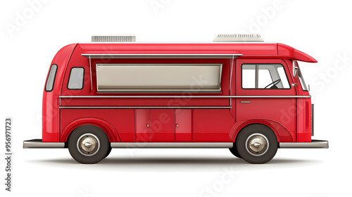 3d Red Realistic Food Truck isolated on white background. Takeaway food and drinks van mock up