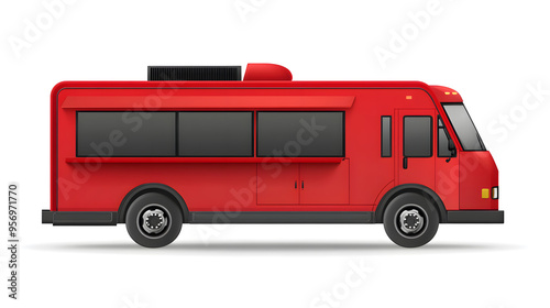 3d Red Realistic Food Truck isolated on white background. Takeaway food and drinks van mock up