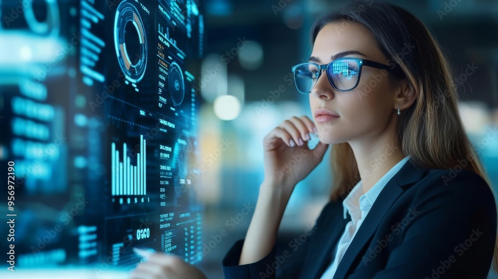 Businesswoman analyzing data with holographic charts of diverse assets, symbolizing modern financial strategies and economic diversification Businesswoman analyzing data with holographic charts of diverse assets, symbolizing modern financial strategies and economic diversification