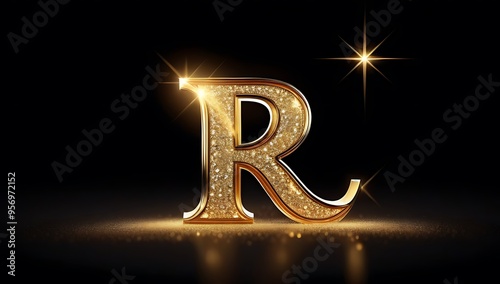 golden glowing letter r black background fantasy letter glitter sparkling magical particles photo