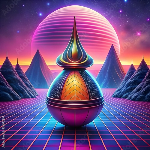 A captivating 3D illustration of a stylized. futuristic object resembling an Indian fig. set against a vibrant 80s inspired backdrop of a retro grid and a luminous planet. photo