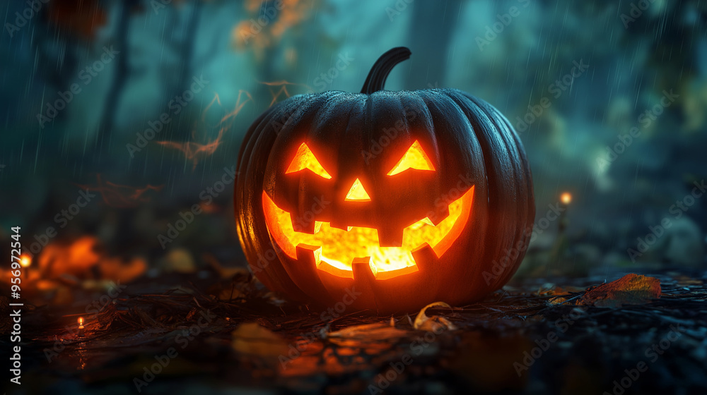 Halloween themed pumpkin with scary lighting face on beautiful background Halloween themed pumpkin with scary lighting face on beautiful background