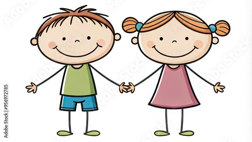 Simple stick figures of a smiling boy and girl standing together, hands held, expressing friendship and unity against a plain white background.