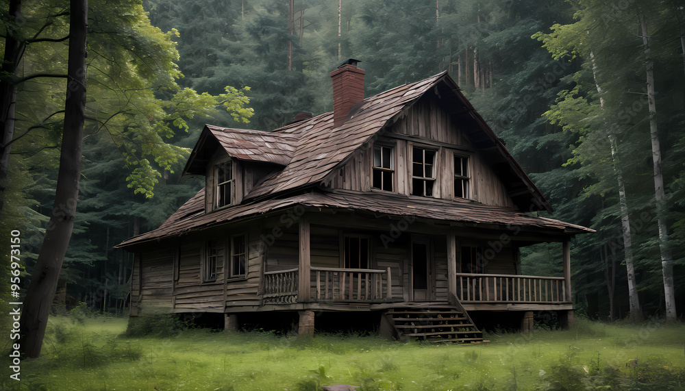 A dilapidated wooden house against a backdrop of thick forest A dilapidated wooden house against a backdrop of thick forest