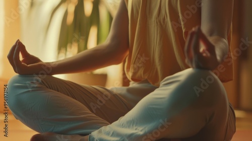 A serene moment of meditation, as a person sits cross-legged indoors, embraced by the gentle light and surrounded by calm.