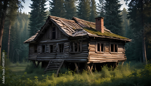 A dilapidated wooden house against a backdrop of thick forest