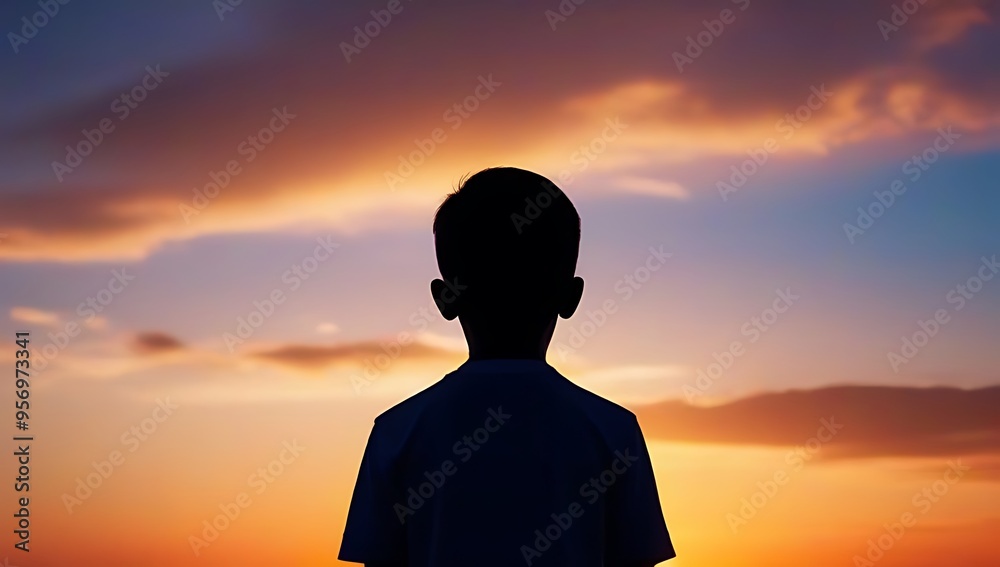 prayer concept featuring silhouette young boy praying pose set vibrant sunset sunrise sky symbolizing reflection yearning stillness hope