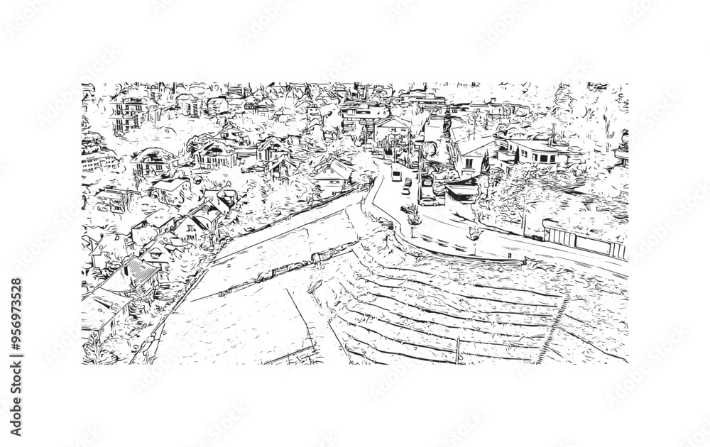 Obraz premium Print Building view with landmark of Stuttgart is the largest city in Germany. Hand drawn sketch illustration in vector.