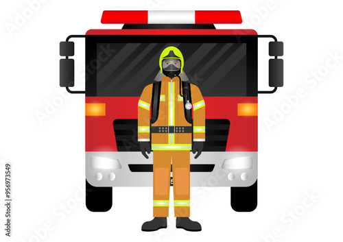 Firefighter Standing near Fire Truck. Vector Illustration.