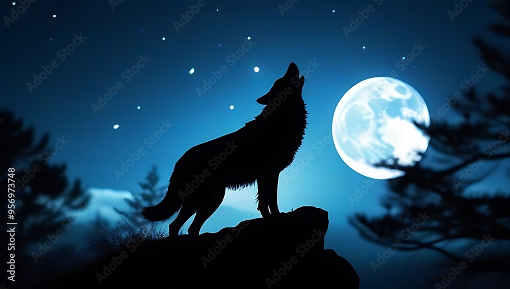 silhouette wolf howling cliff full moon set fantasy forest silhouette wolf howling cliff full moon set fantasy forest