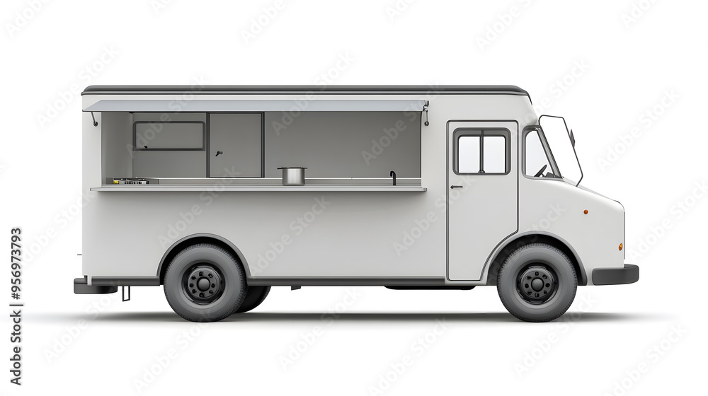 3d White Realistic Food Truck isolated on white background. Takeaway food and drinks van mock up 3d White Realistic Food Truck isolated on white background. Takeaway food and drinks van mock up