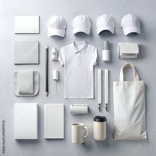 A flat lay of various promotional merchandise items. including caps. t shirts. tote bags. mugs. and more.