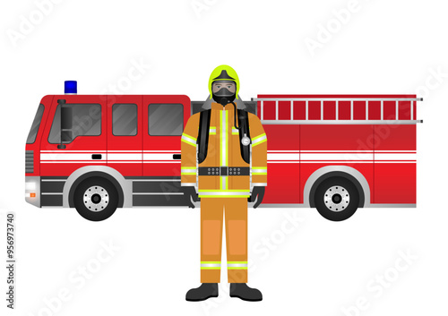 Firefighter Standing near Fire Truck. Vector Illustration.