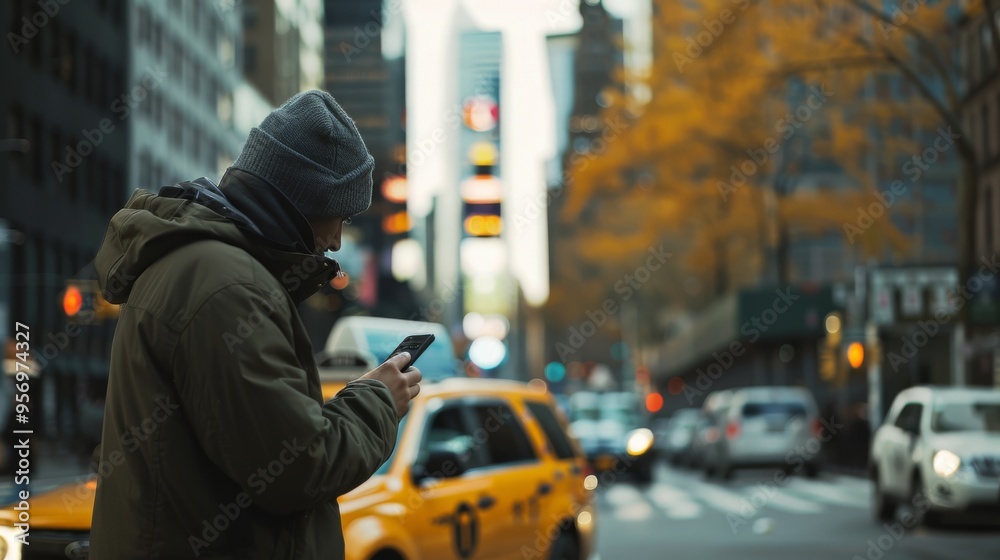 Fototapeta premium A city street scene with a person in a warm jacket and beanie focused on their phone against the backdrop of busy traffic and towering buildings.