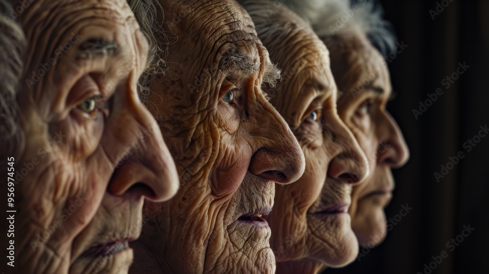 Four elderly individuals in side profile, their faces etched with time, evoke a powerful sense of shared history and deep contemplation against a dark backdrop.