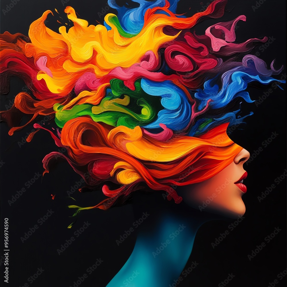Abstract digital painting of a woman's profile with vibrant colorful paint flowing from her head, symbolizing creativity and imagination. Abstract digital painting of a woman's profile with vibrant colorful paint flowing from her head, symbolizing creativity and imagination.
