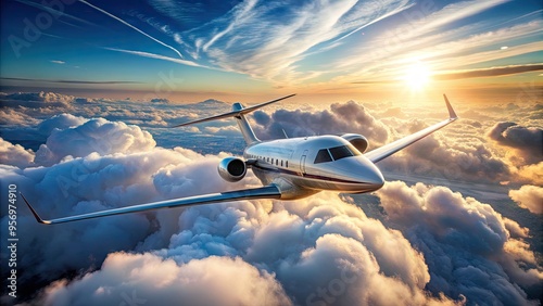 Luxurious private aircraft soars through clear blue skies, its experienced pilot at the controls, navigating through fluffy white clouds with precision and confidence. photo