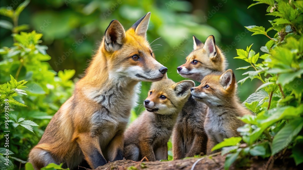 A playful fox mother gently nuzzles her curious kits, surrounded by lush greenery, as they explore and snuggle in their woodland home together. A playful fox mother gently nuzzles her curious kits, surrounded by lush greenery, as they explore and snuggle in their woodland home together.