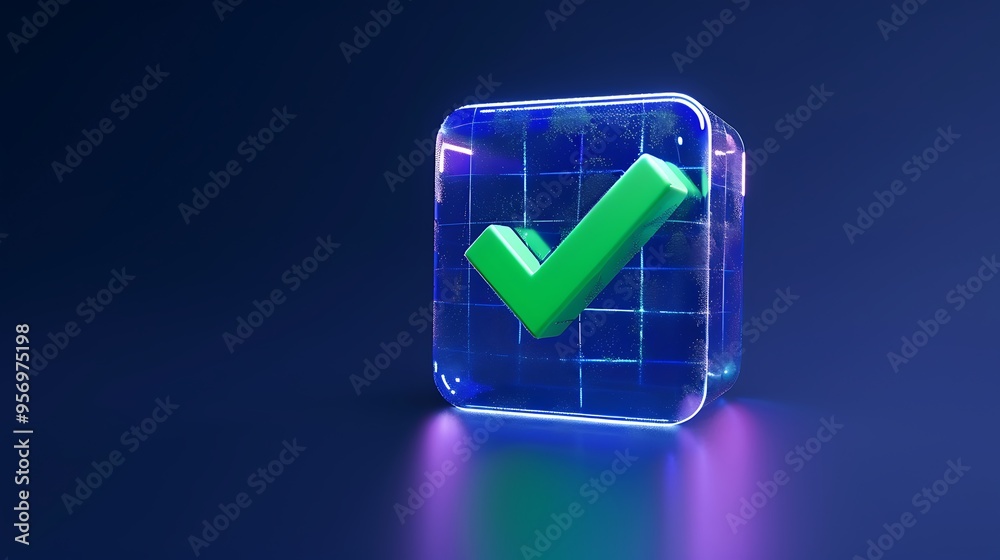 Modern 3D illustration of a green checkmark inside a transparent cube on a dark blue background, symbolizing approval and success. Modern 3D illustration of a green checkmark inside a transparent cube on a dark blue background, symbolizing approval and success.