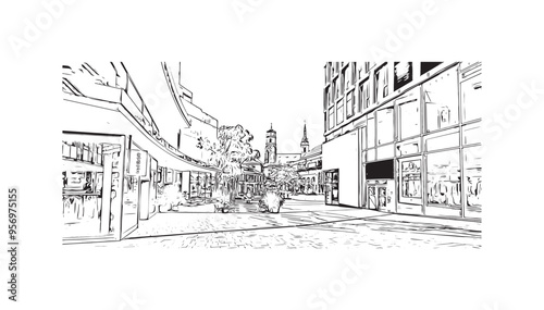 Print Building view with landmark of Stuttgart is the largest city in Germany. Hand drawn sketch illustration in vector.