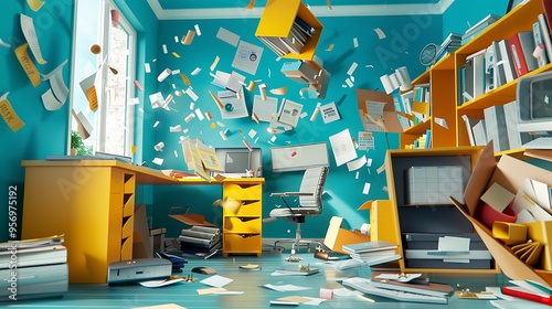 A comical background of a surreal office space where the furniture is upside down and floating, with cheerful animated office supplies engaging in silly antics