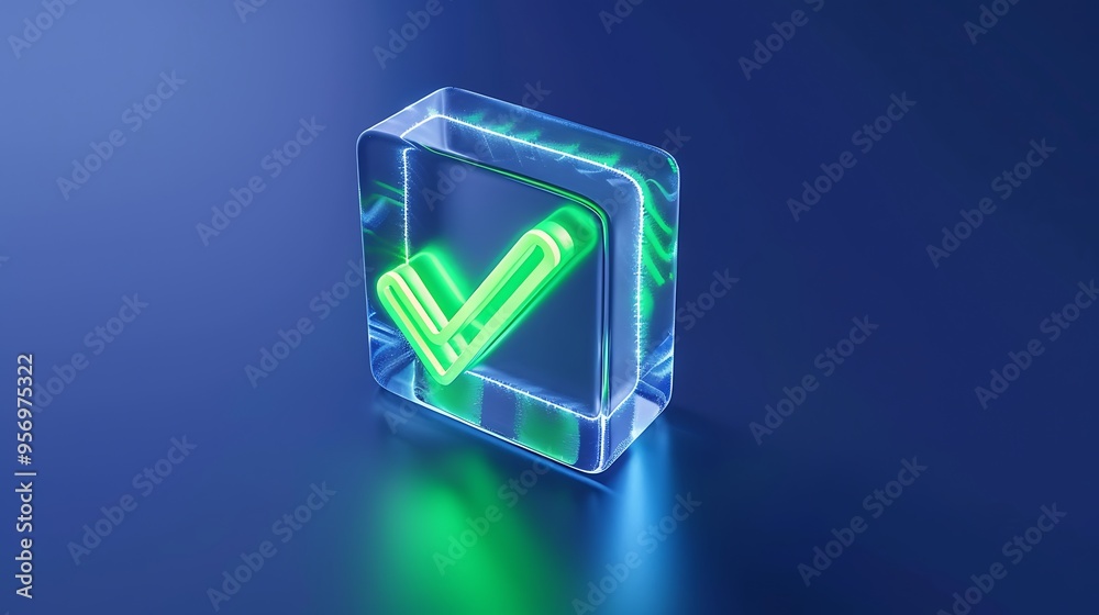 Modern 3D rendering of a neon green checkmark inside a transparent cube on a dark blue background. Futuristic design concept. Modern 3D rendering of a neon green checkmark inside a transparent cube on a dark blue background. Futuristic design concept.