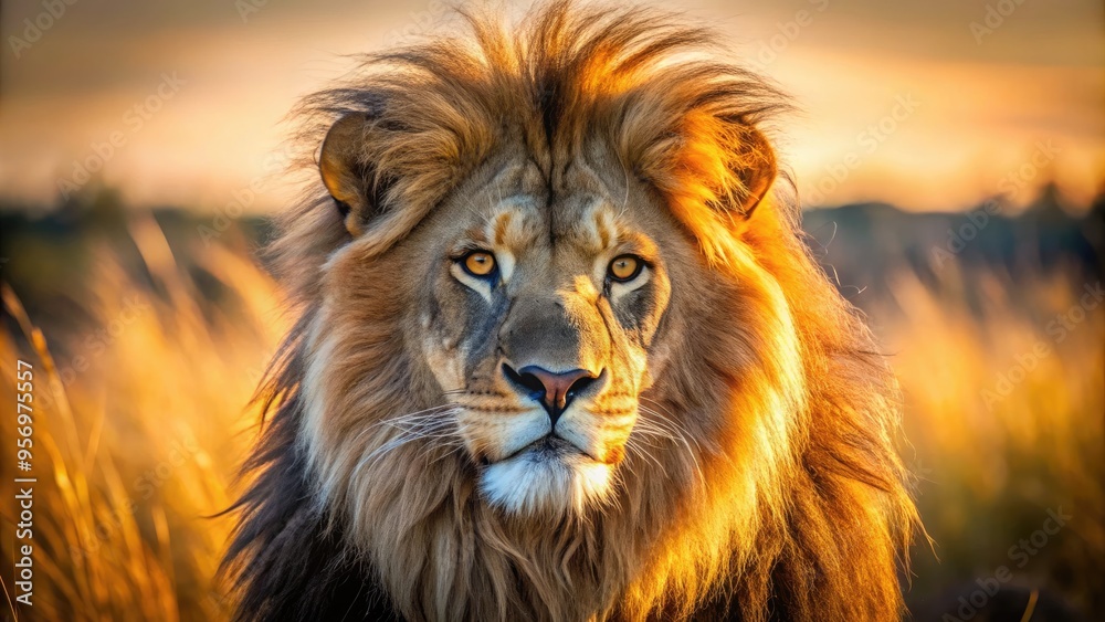 A regal lion's head with a shaggy mane and piercing golden eyes gazes directly at the camera, set against a warm, sunny savannah background. A regal lion's head with a shaggy mane and piercing golden eyes gazes directly at the camera, set against a warm, sunny savannah background.