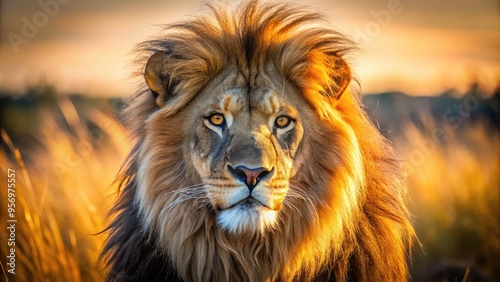 A regal lion's head with a shaggy mane and piercing golden eyes gazes directly at the camera, set against a warm, sunny savannah background.